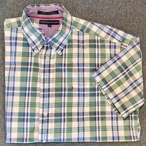 Tommy Hilfiger Large Short Sleeve Men's Plaid Button Down Plaid Shirt Blue Green